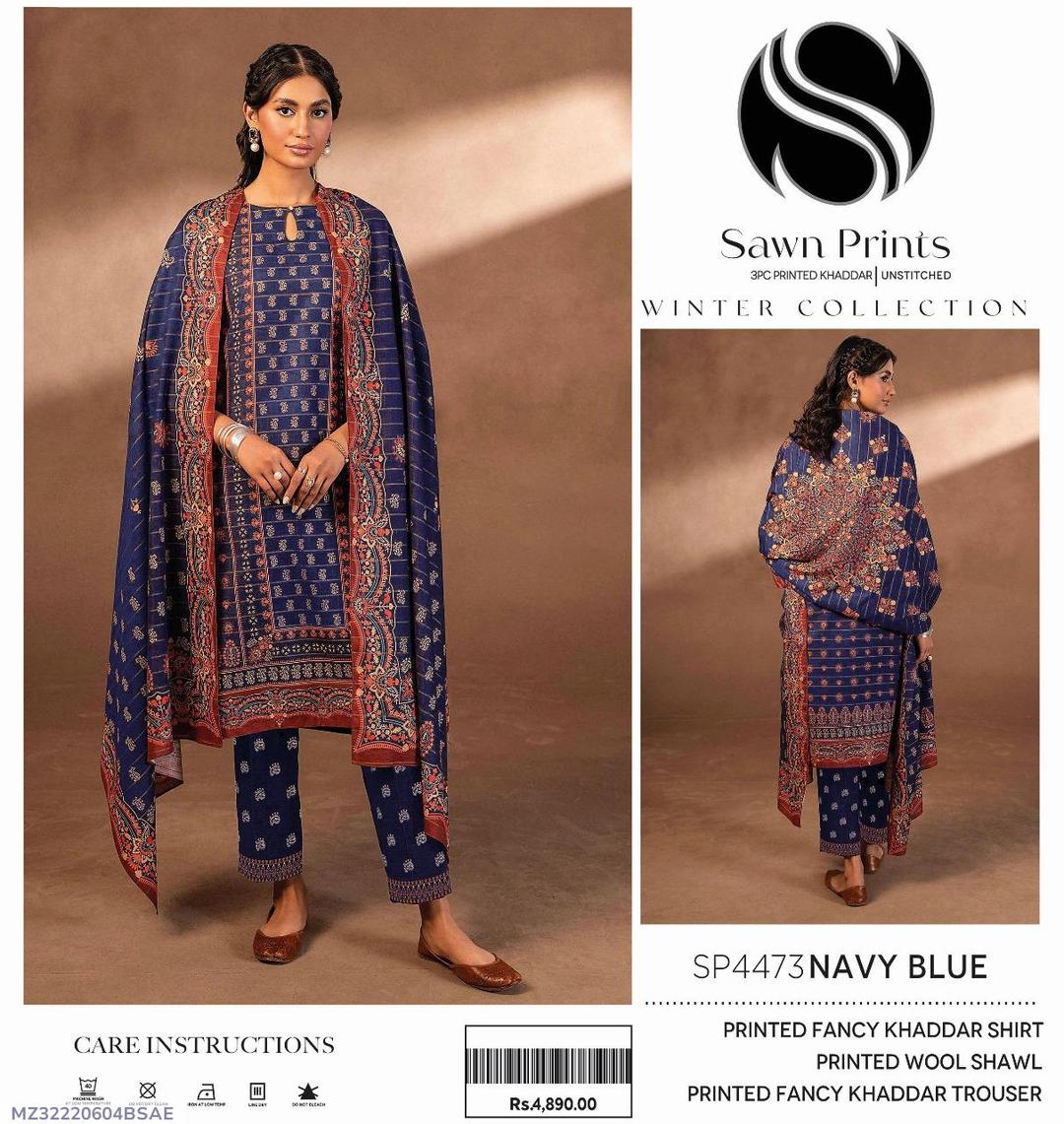 3 Pcs Women's Unstitched Khaddar Printed Suit