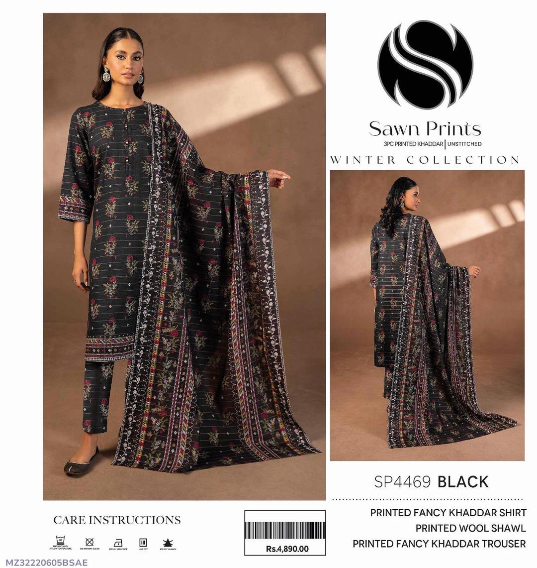 3 Pcs Women's Unstitched Khaddar Printed Suit