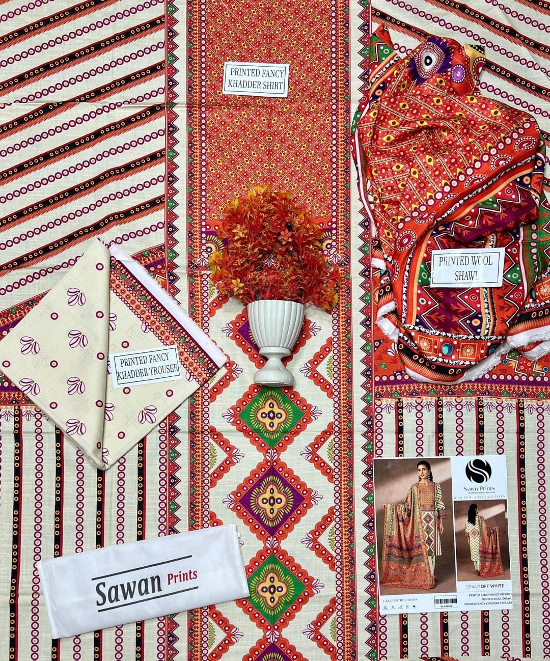 3 Pcs Women's Unstitched Khaddar Printed Suit