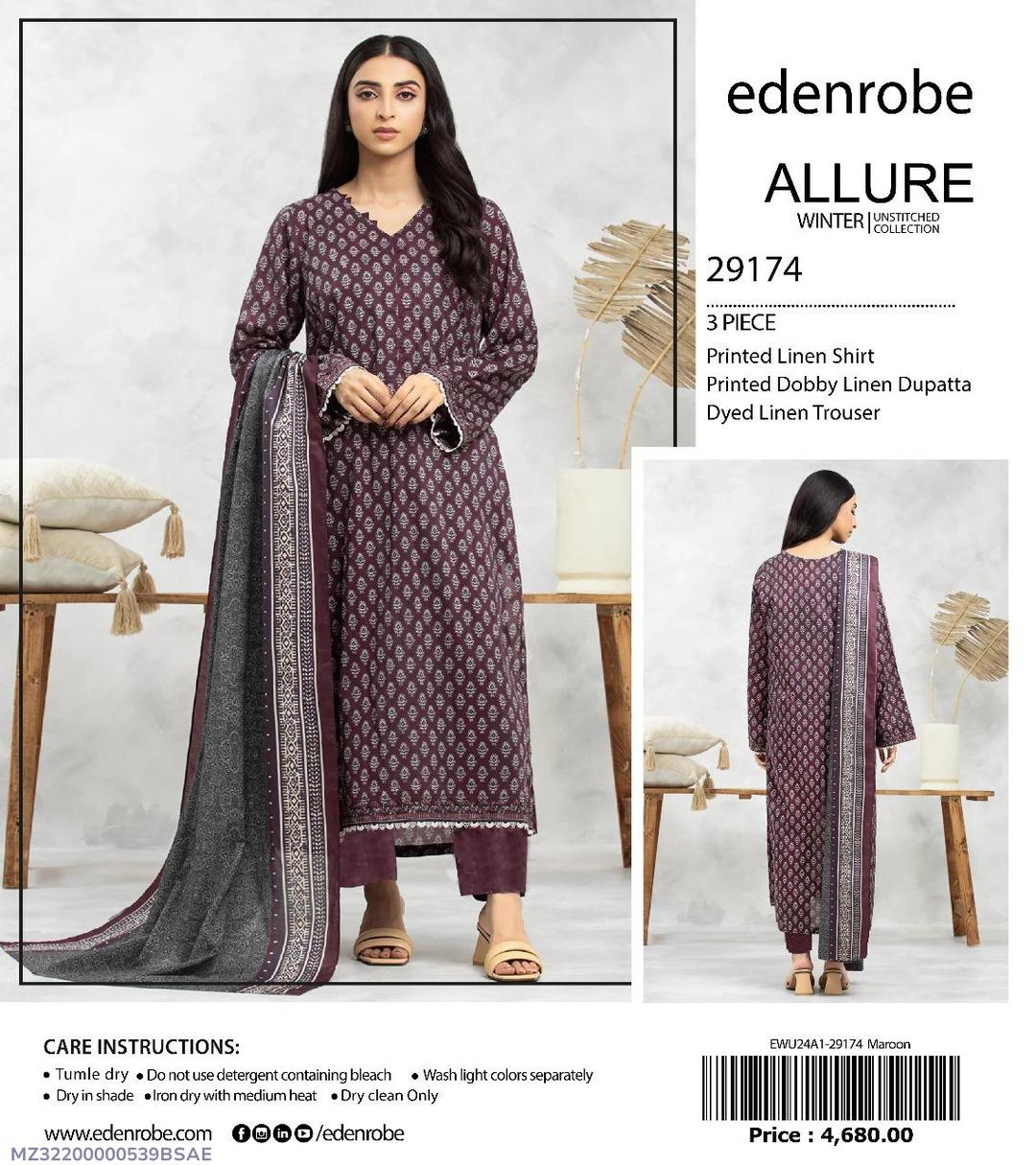 3 Pcs Women's Unstitched Linen Printed Suit