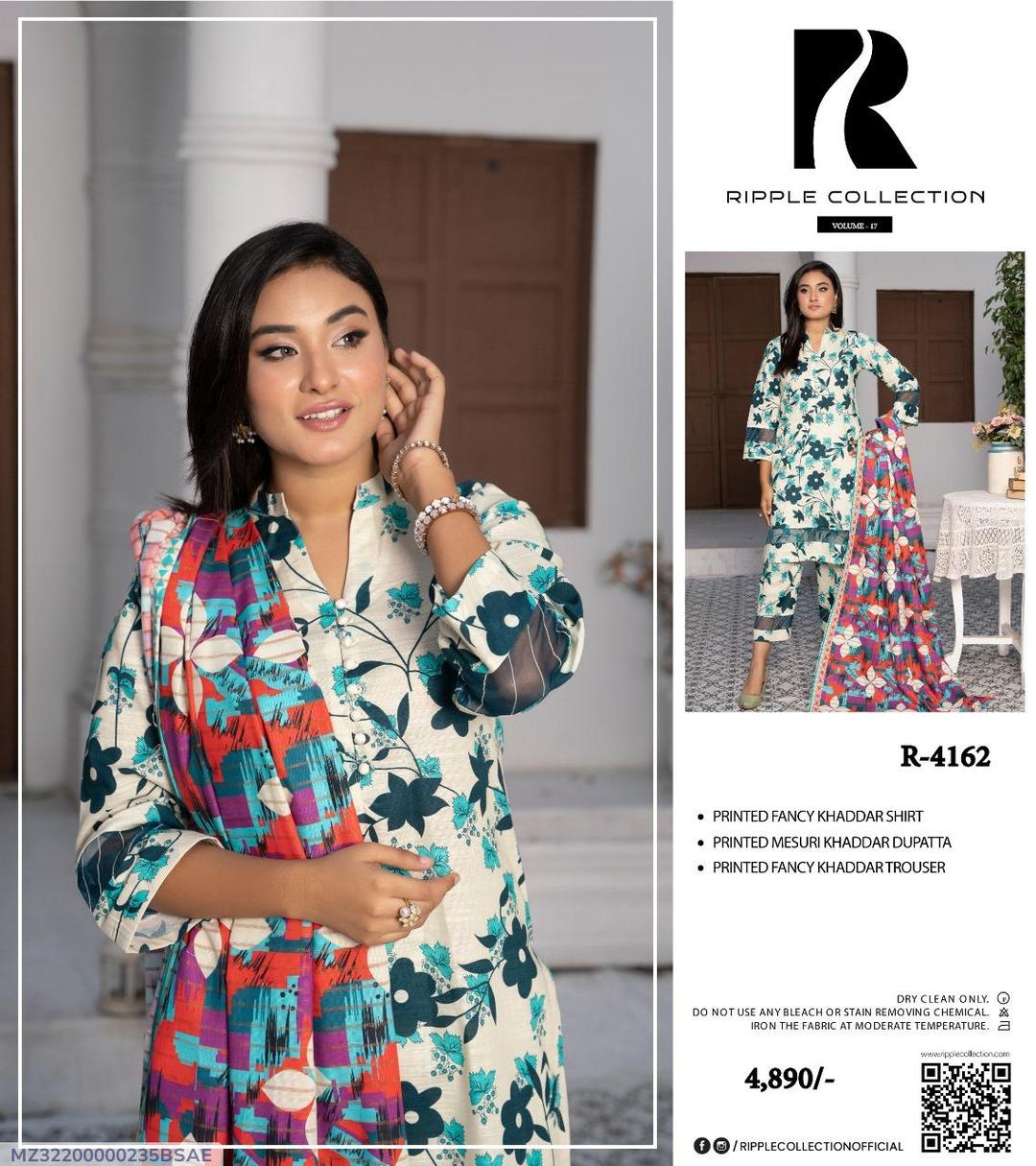 3 Pcs Women's Unstitched Khaddar Printed Suit