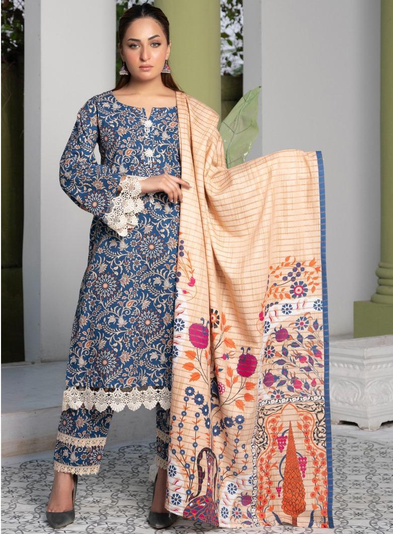 3 Pcs Women's Unstitched Khaddar Printed Suit