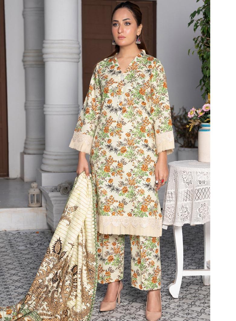 3 Pcs Women's Unstitched Khaddar Printed Suit
