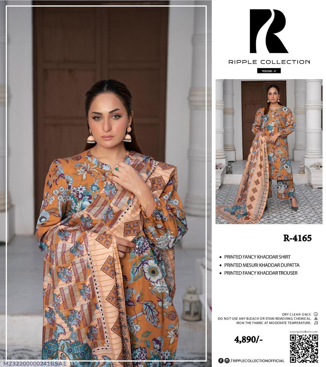 3 Pcs Women's Unstitched Khaddar Printed Suit