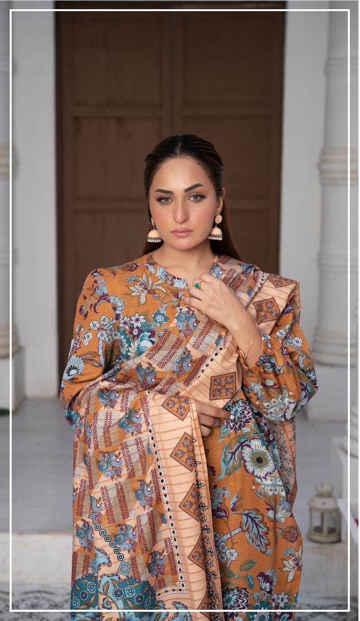 3 Pcs Women's Unstitched Khaddar Printed Suit