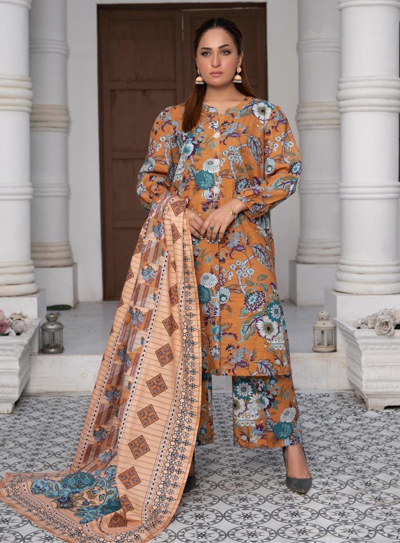 3 Pcs Women's Unstitched Khaddar Printed Suit