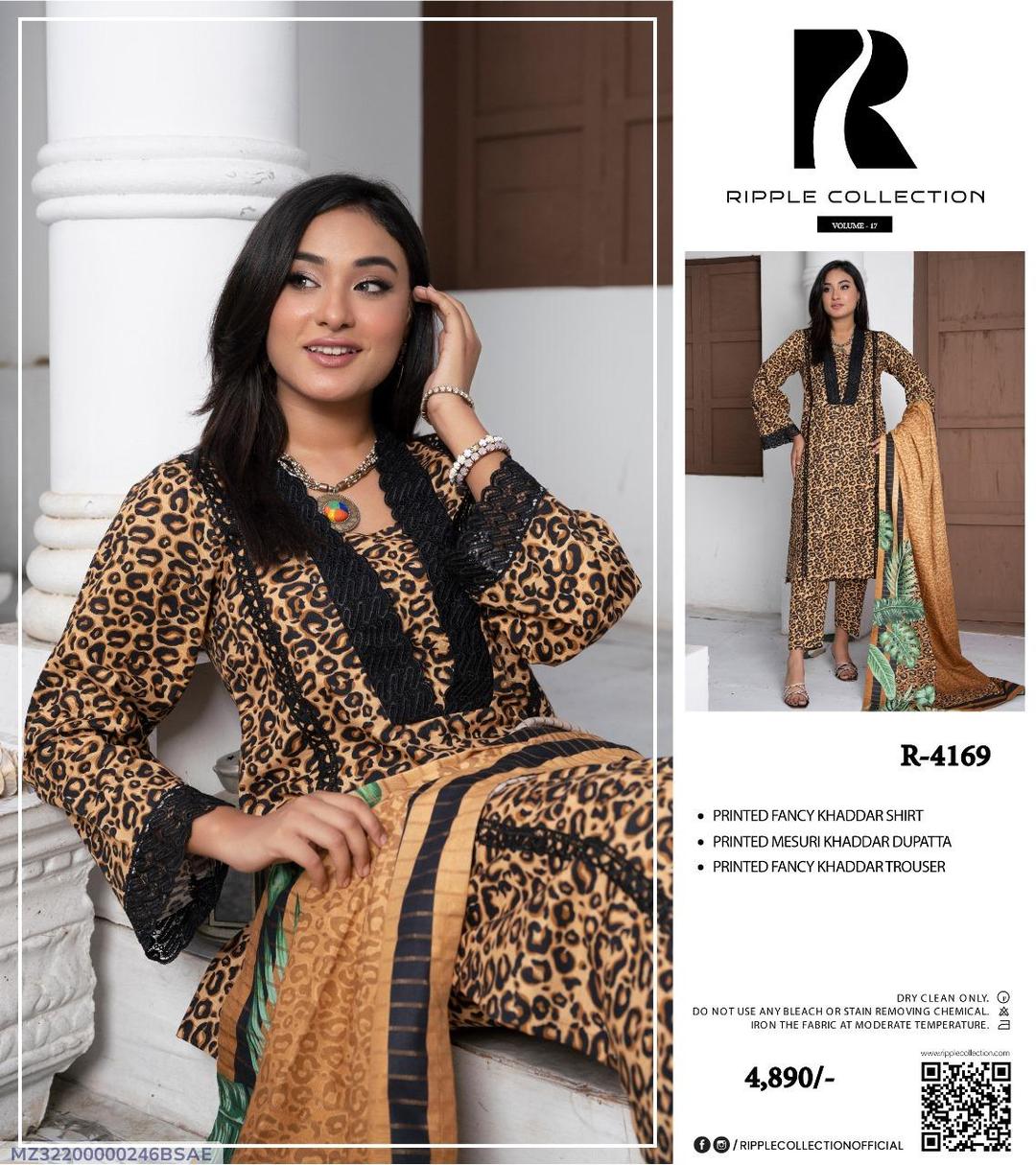 3 Pcs Women's Unstitched Khaddar Printed Suit